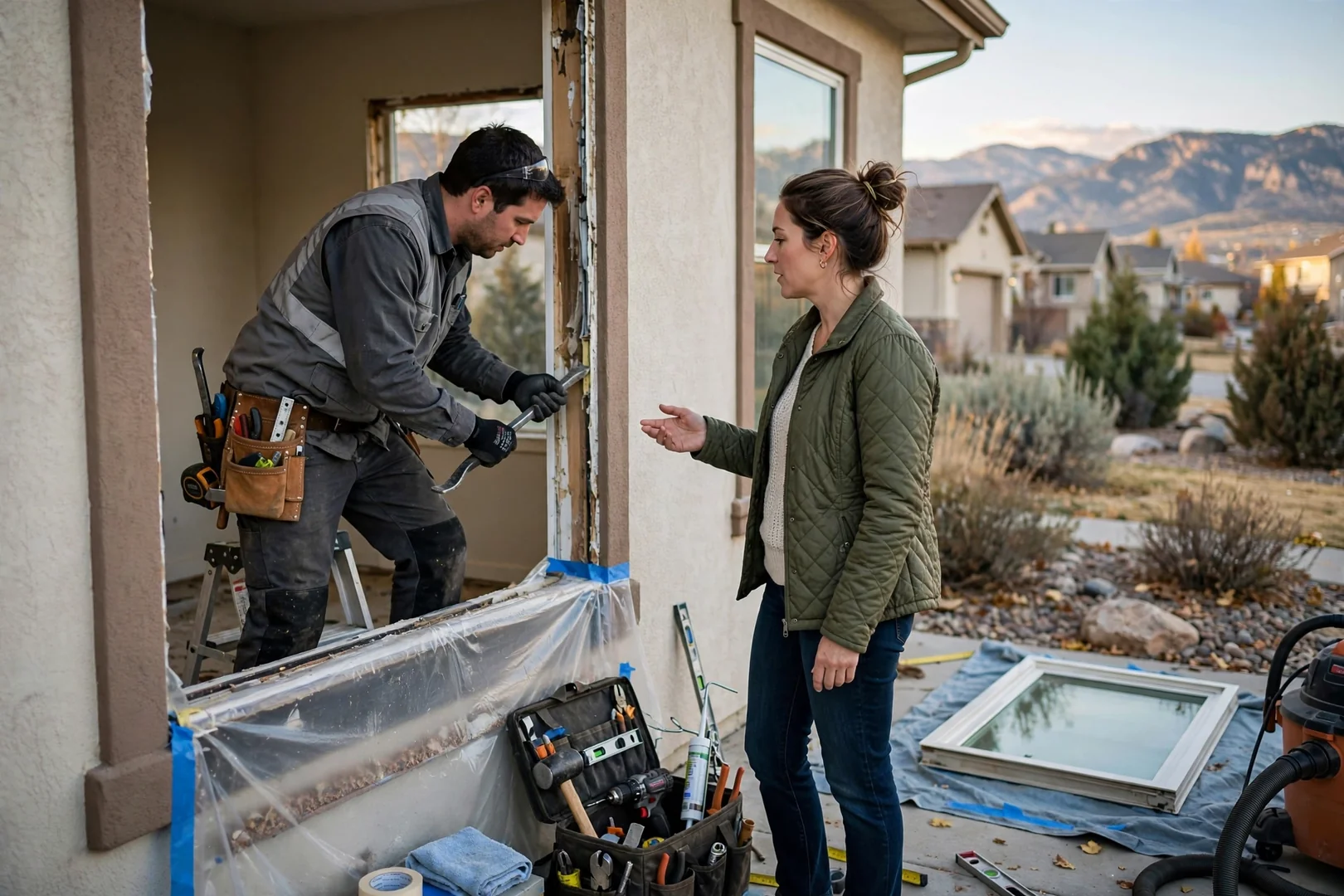 Installer measuring a window frame during a home visit