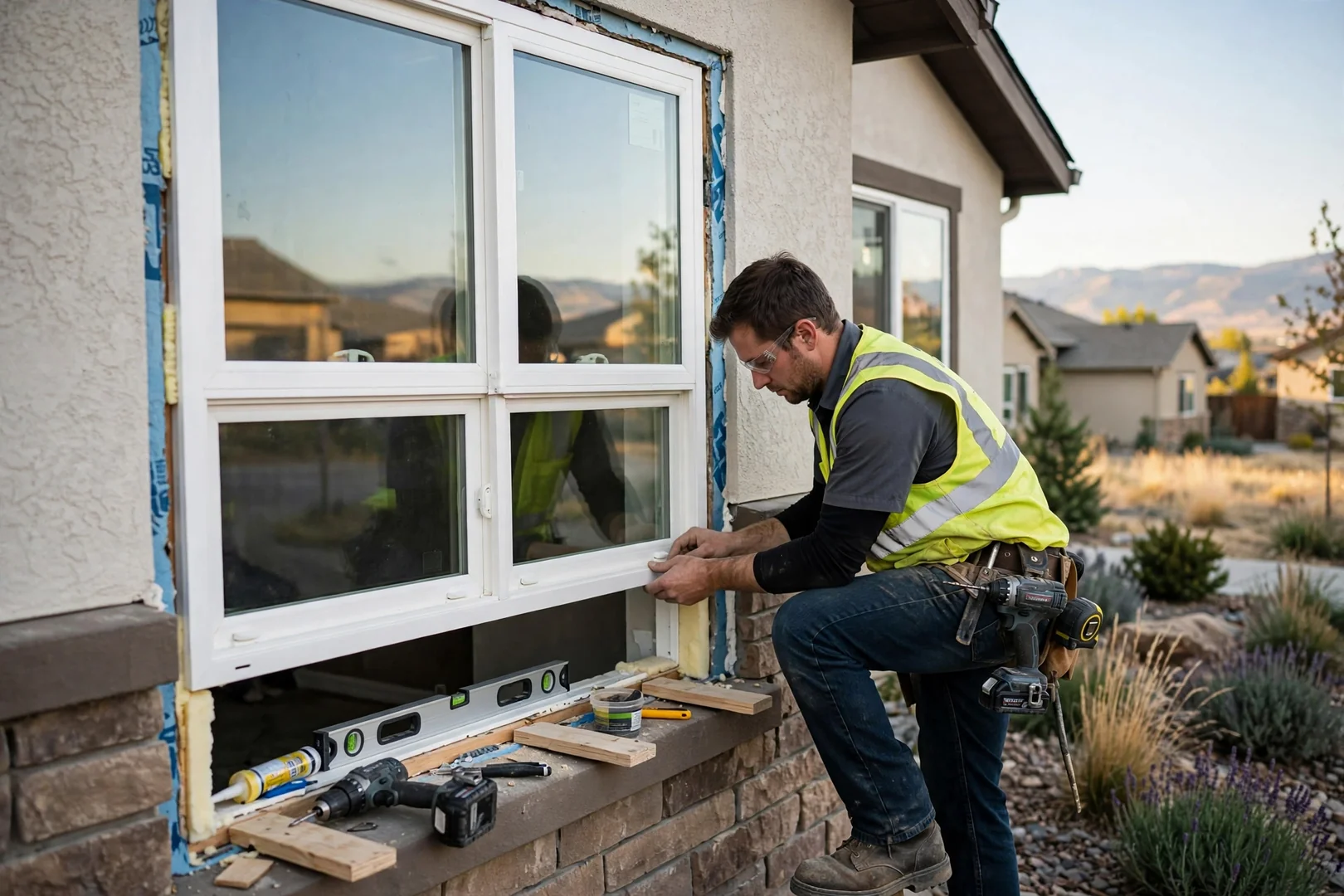 Installer setting a new vinyl double hung window into a prepared rough opening
