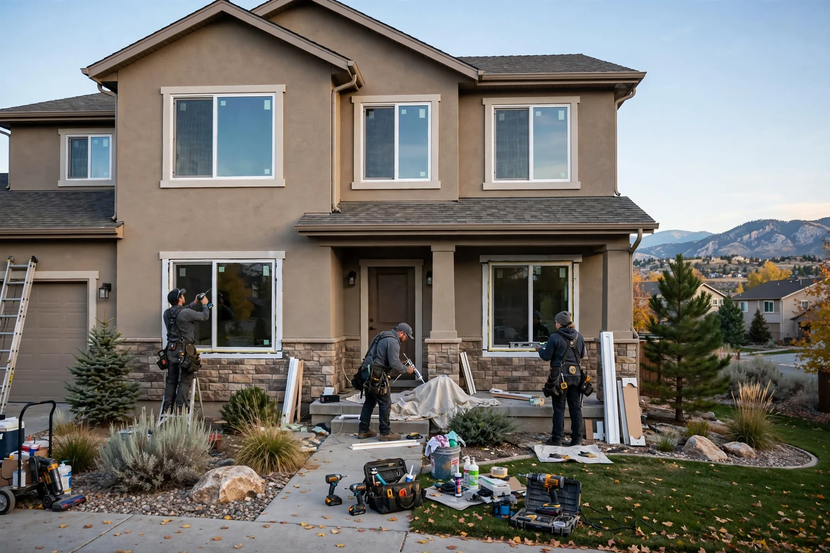 Wide view of a suburban Utah home with newly replaced front elevation windows