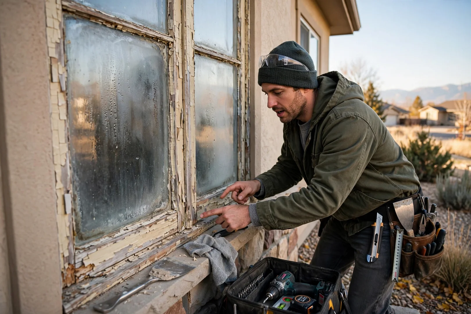 Aging wood window with failed seal and peeling paint before replacement work begins