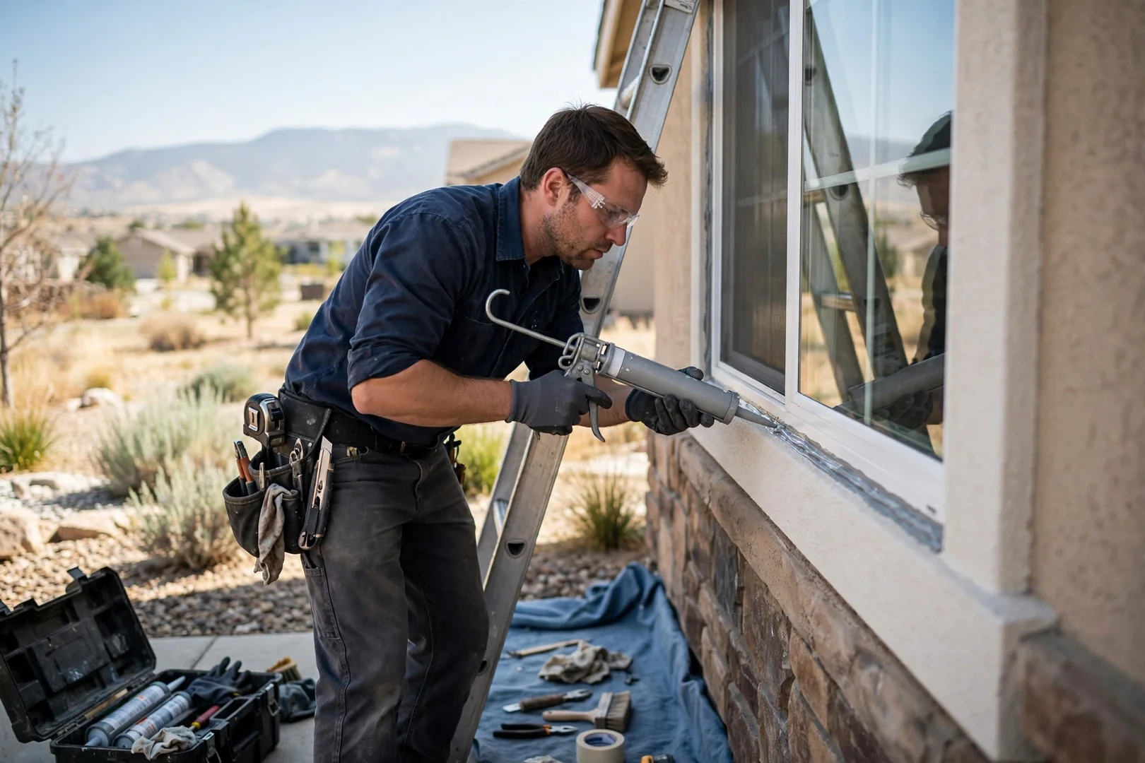 Crew member applying exterior sealant along a window frame with a caulking gun