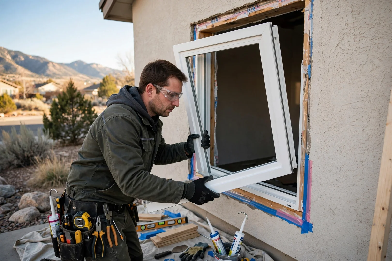 Installer wearing gloves and eye protection setting a vinyl window into a prepared opening