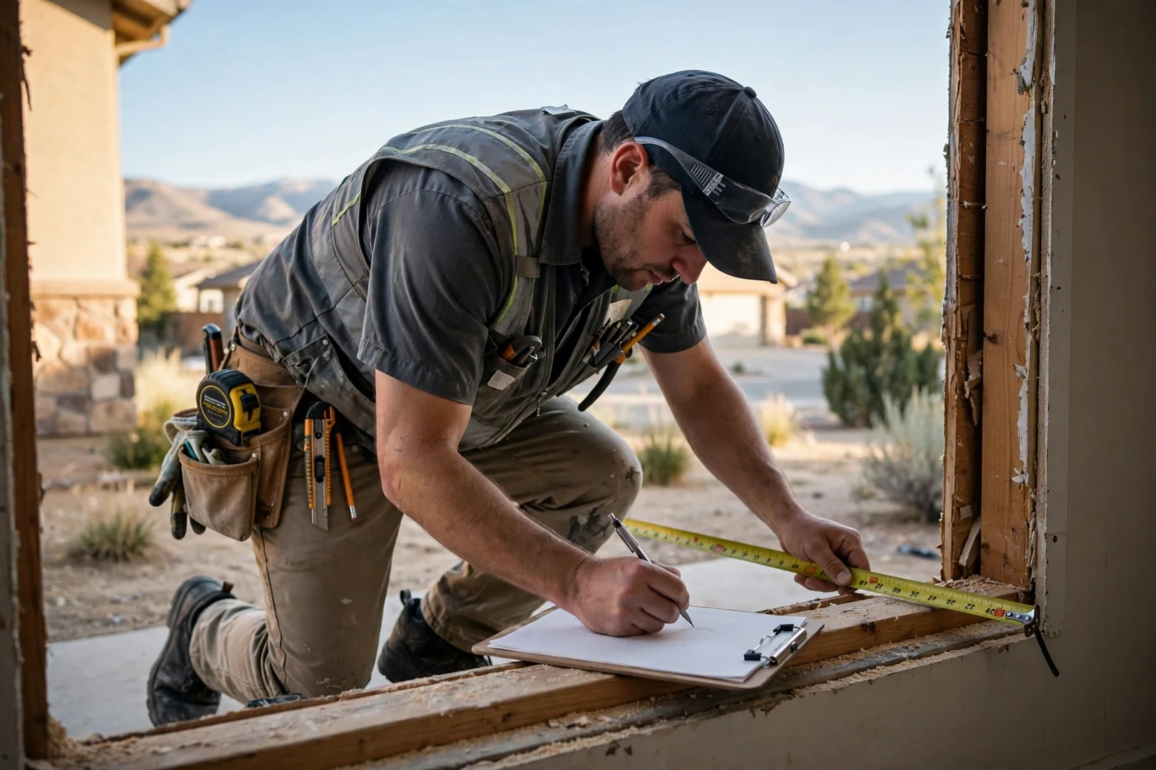 Technician checking rough opening measurements and writing them on a job documentation sheet
