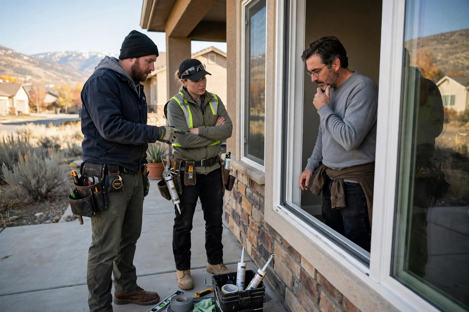 Crew reviewing completed window operation and weatherstripping with a South Jordan homeowner