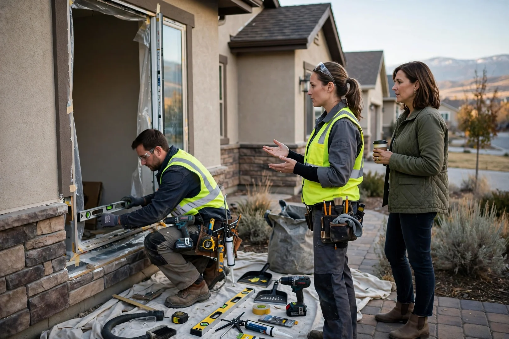 Installer setting a new vinyl window into a prepped opening on a South Jordan home