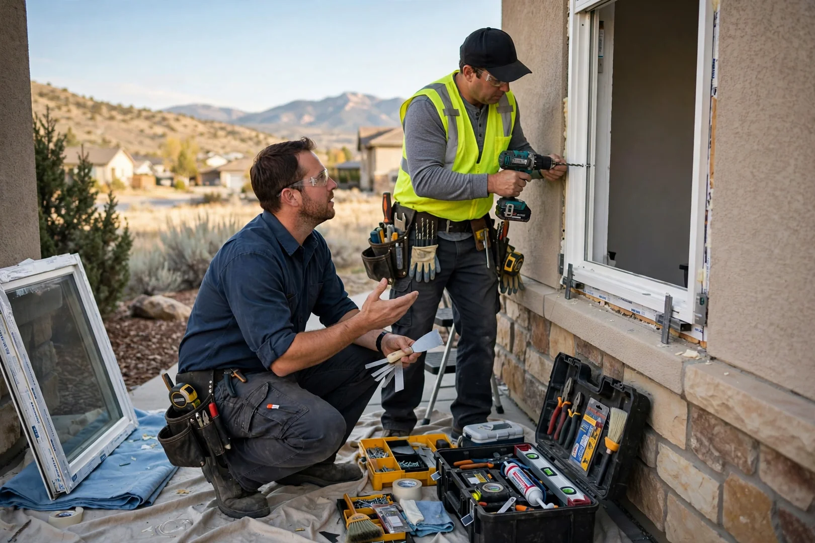 Installer setting and shimming a new double hung window in a South Jordan home